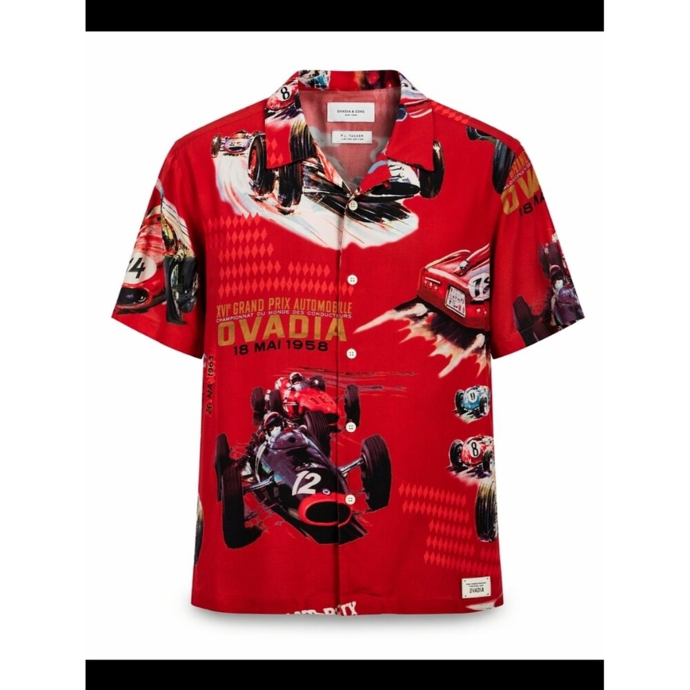 Ovadia & Sons P.J. Tucker Limited Edition Racing Print Rayon Camp Shirt Red L